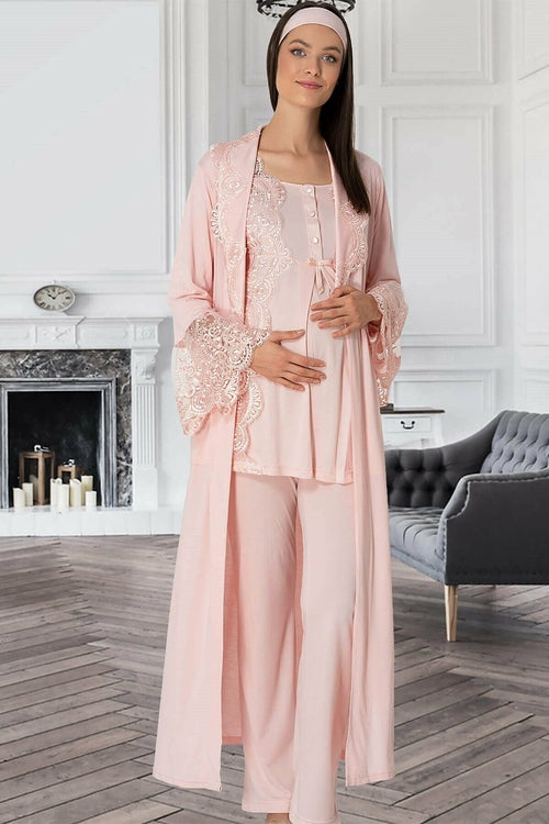 3-Piece Maternity &amp; Nursing Pajama Set with Morning Gown – Comfortable Breastfeeding &amp; Postpartum Nightwear
