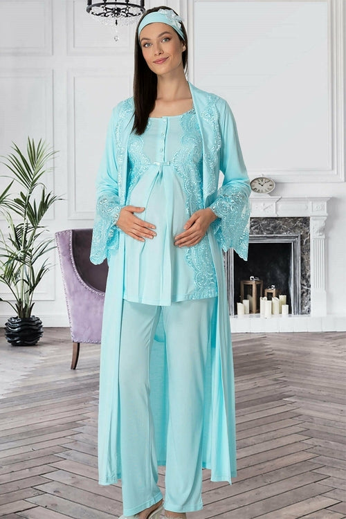 3-Piece Maternity &amp; Nursing Pajama Set with Morning Gown – Comfortable Breastfeeding &amp; Postpartum Nightwear