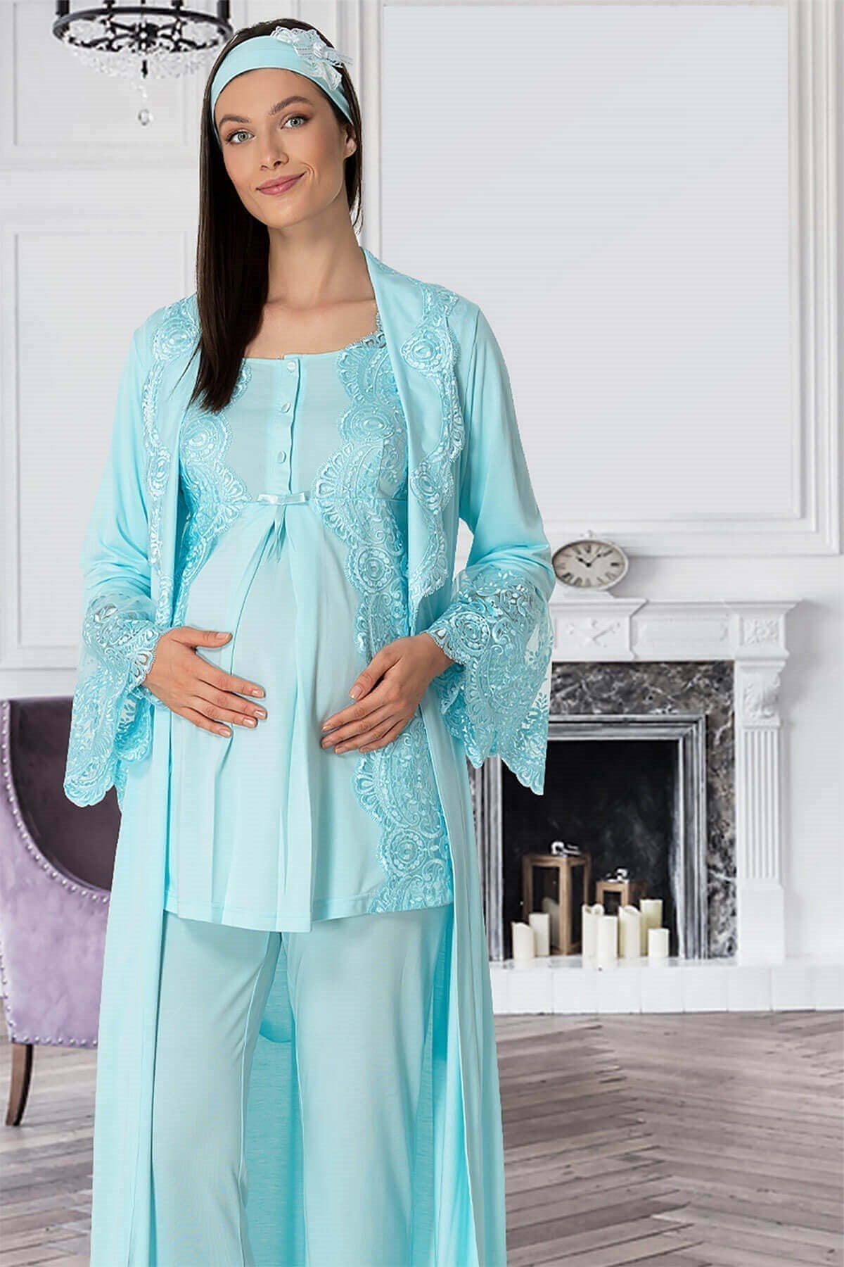 3-Piece Maternity &amp; Nursing Pajama Set with Morning Gown – Comfortable Breastfeeding &amp; Postpartum Nightwear
