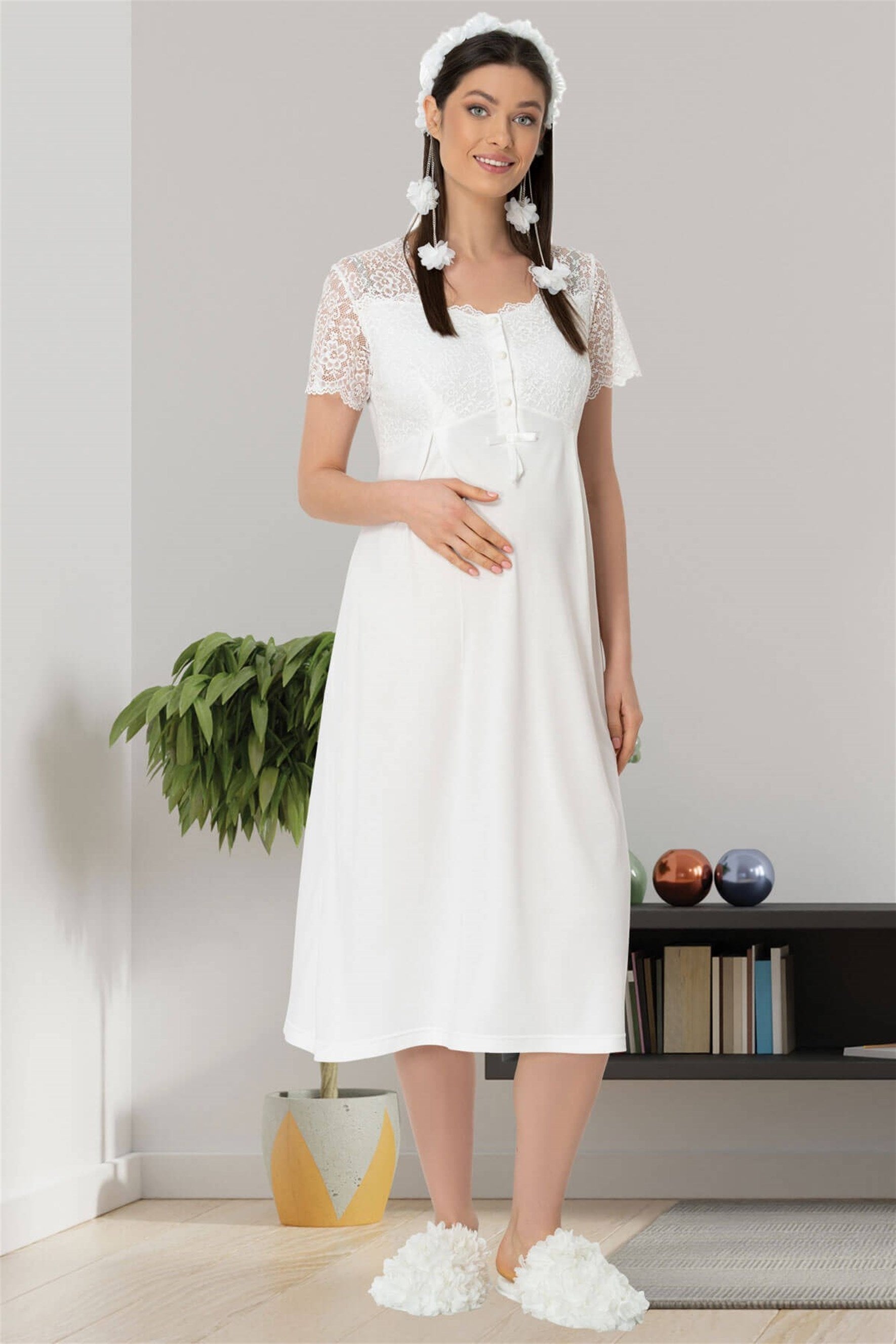 Lace Sleeve Maternity & Nursing Nightgown with Robe – Soft Breastfeeding & Postpartum Nightwear