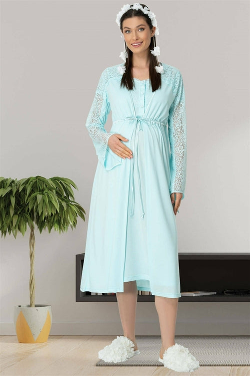 Lace Sleeve Maternity & Nursing Nightgown with Robe – Soft Breastfeeding & Postpartum Nightwear