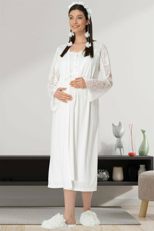 Lace Sleeve Maternity & Nursing Nightgown with Robe – Soft Breastfeeding & Postpartum Nightwear