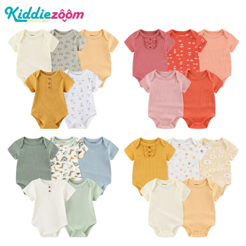 5-Piece Cotton Baby Romper Set with Breathable Ribbed Design – Essential Newborn Clothes & Hospital Bag Outfit