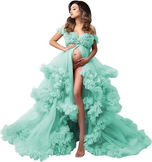 Tulle Overlay Maternity Photoshoot Dress – Elegant Deep V Pregnancy Gown (S–6XL)