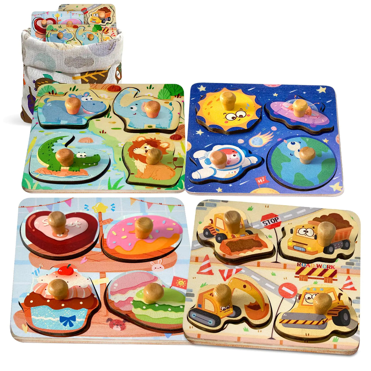 4-Pack Montessori Wooden Peg Puzzles for Toddlers 2-4 – Cognitive & Educational Learning Toys with Safari, Construction, Space & Dessert Themes