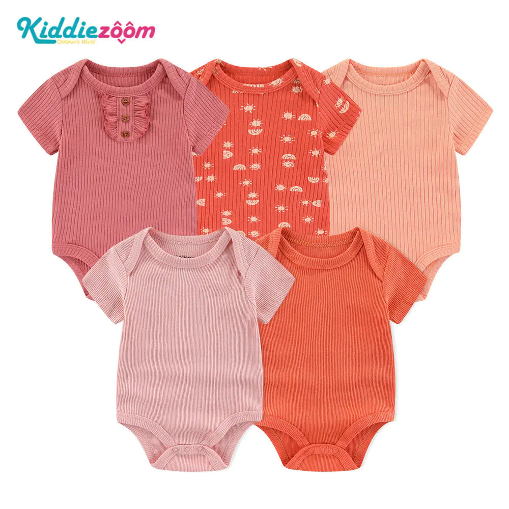 5-Piece Cotton Baby Romper Set with Breathable Ribbed Design – Essential Newborn Clothes & Hospital Bag Outfit